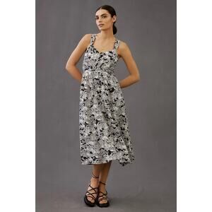 New By Anthropologie Floral Printed Midi Dress LINEN $170 X-SMALL Black